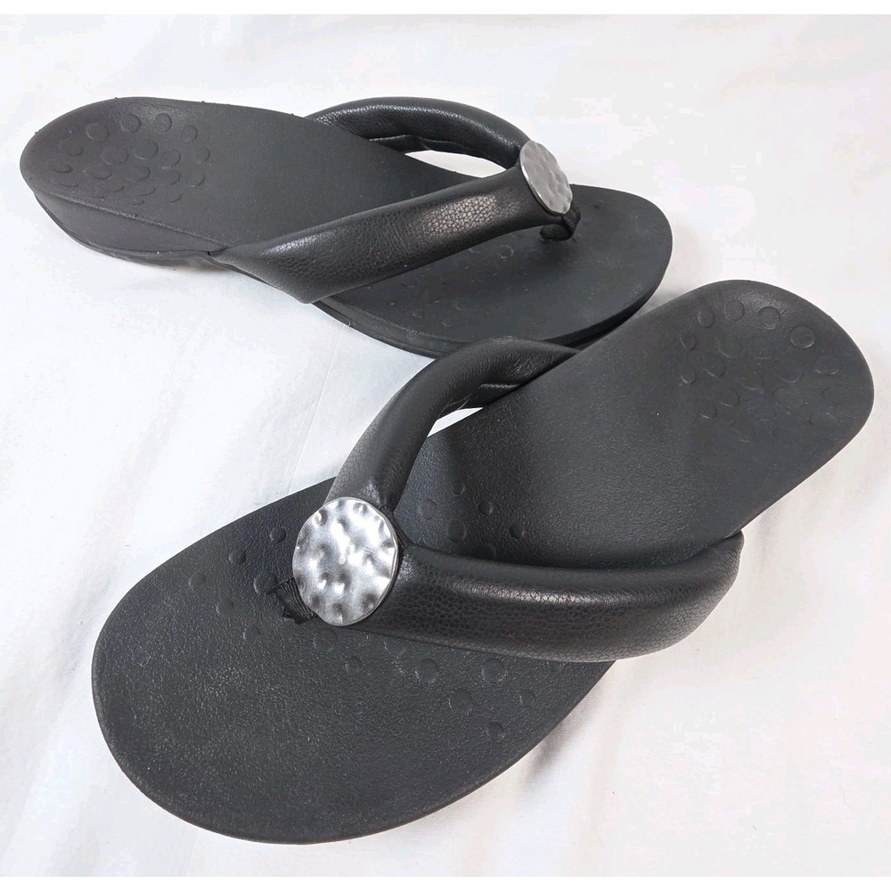 Vionic Lida Black Womens 11 Leather Silver Medallion Flip Flop Thong Sandals